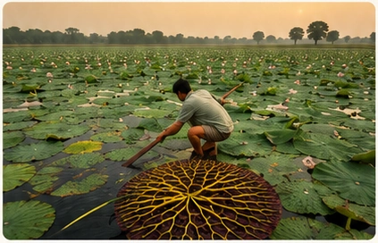 Makhana source field and lotus leaves